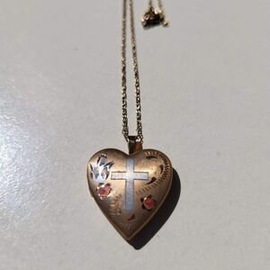 Vintage Heart Locket Necklace 12K Gold Filled Cross Dove Etched 18in